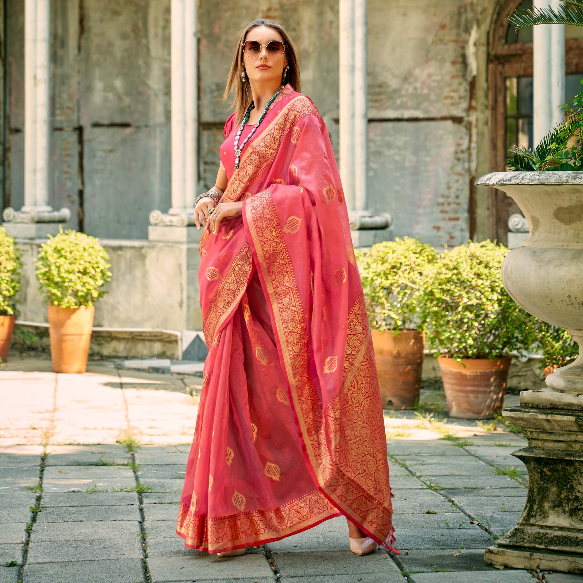 Gajari Pink Floral Woven Tissue Silk Saree With Tassels