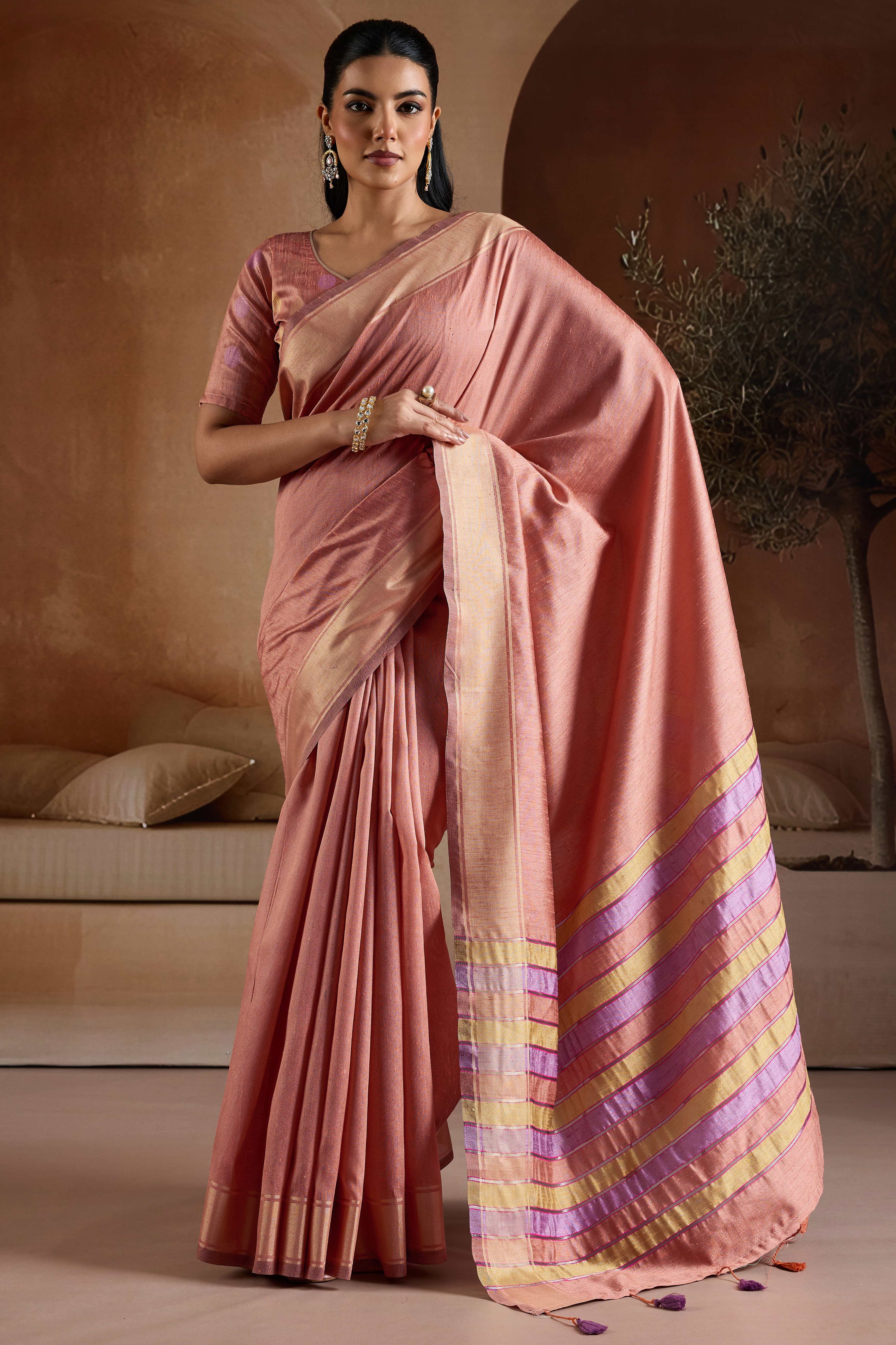 Graceful Peach Zari Woven Bhagalpuri Silk Saree Accented With Tassel Pallu