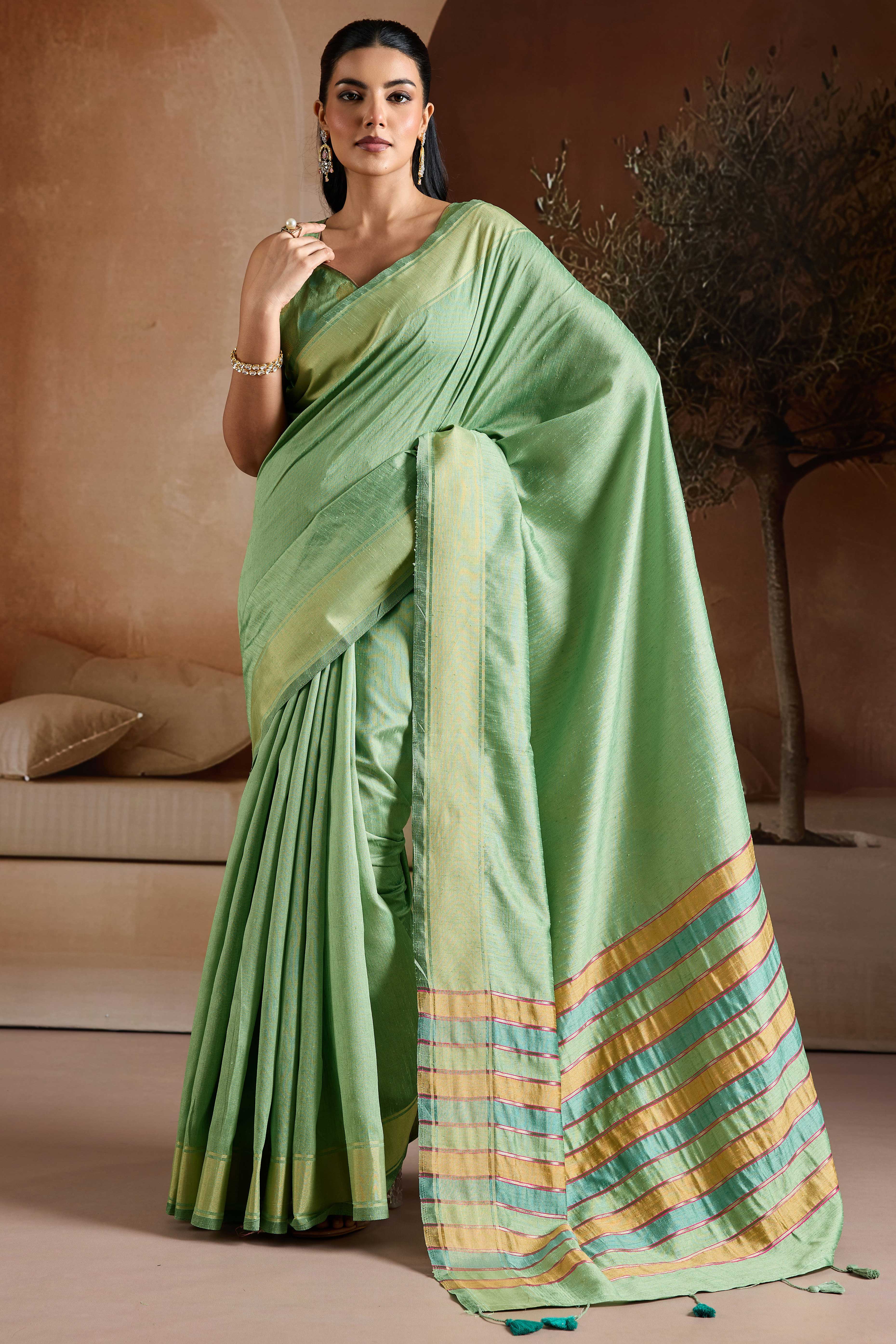 Graceful Green Zari Woven Bhagalpuri Silk Saree Accented With Tassel Pallu