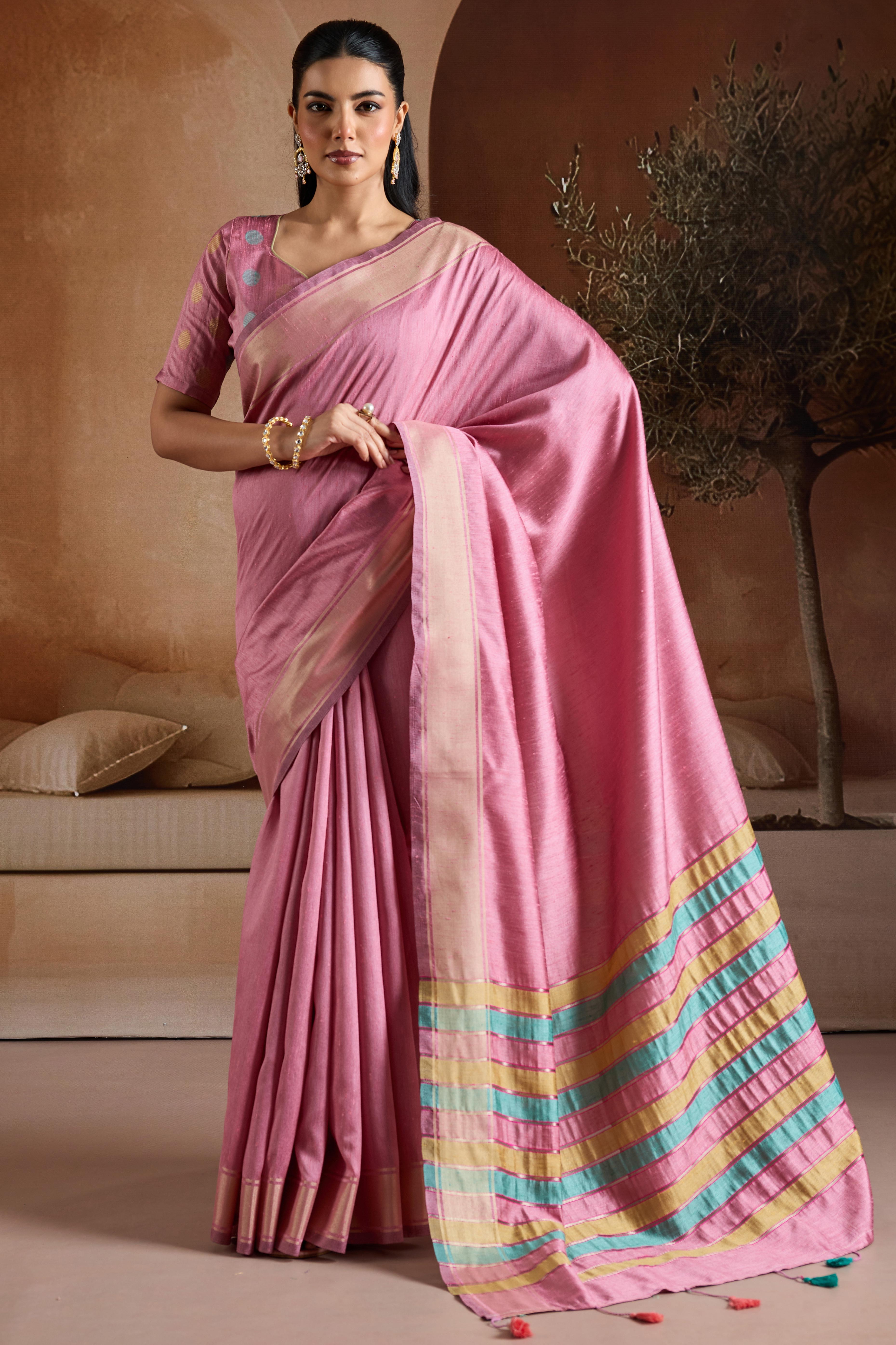 Graceful Pink Zari Woven Bhagalpuri Silk Saree Accented With Tassel Pallu