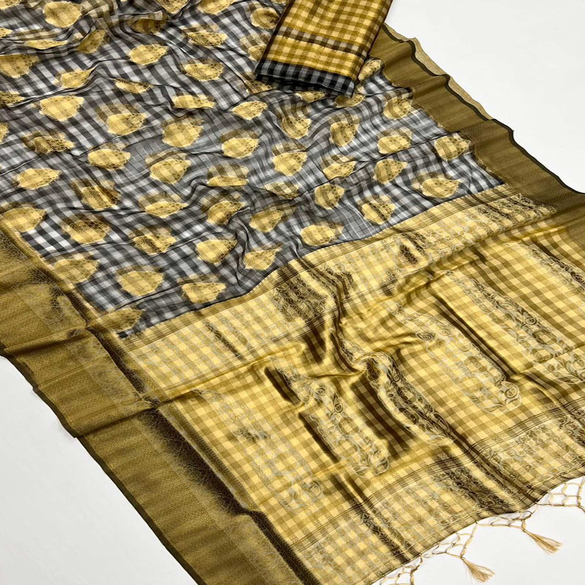 Yellow Checks Woven Organza Saree With Tassels