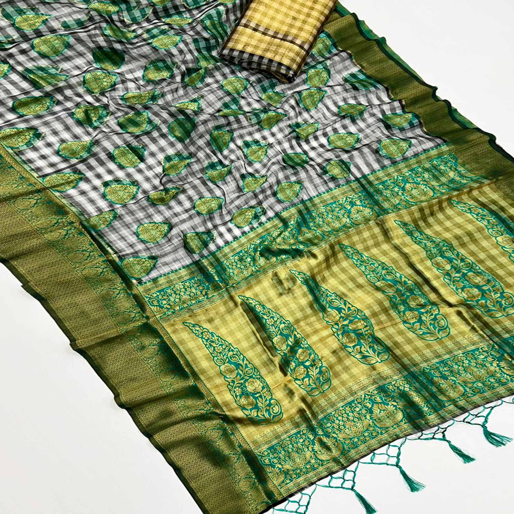 Green Checks Woven Organza Saree With Tassels
