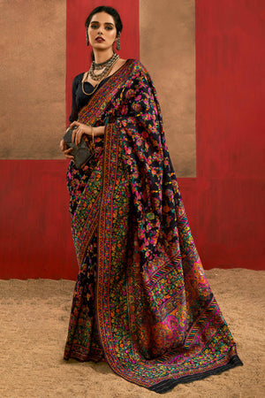 Graceful Black Floral Weaving Pashmina Modal Cotton Blend Saree With Timeless Appeal