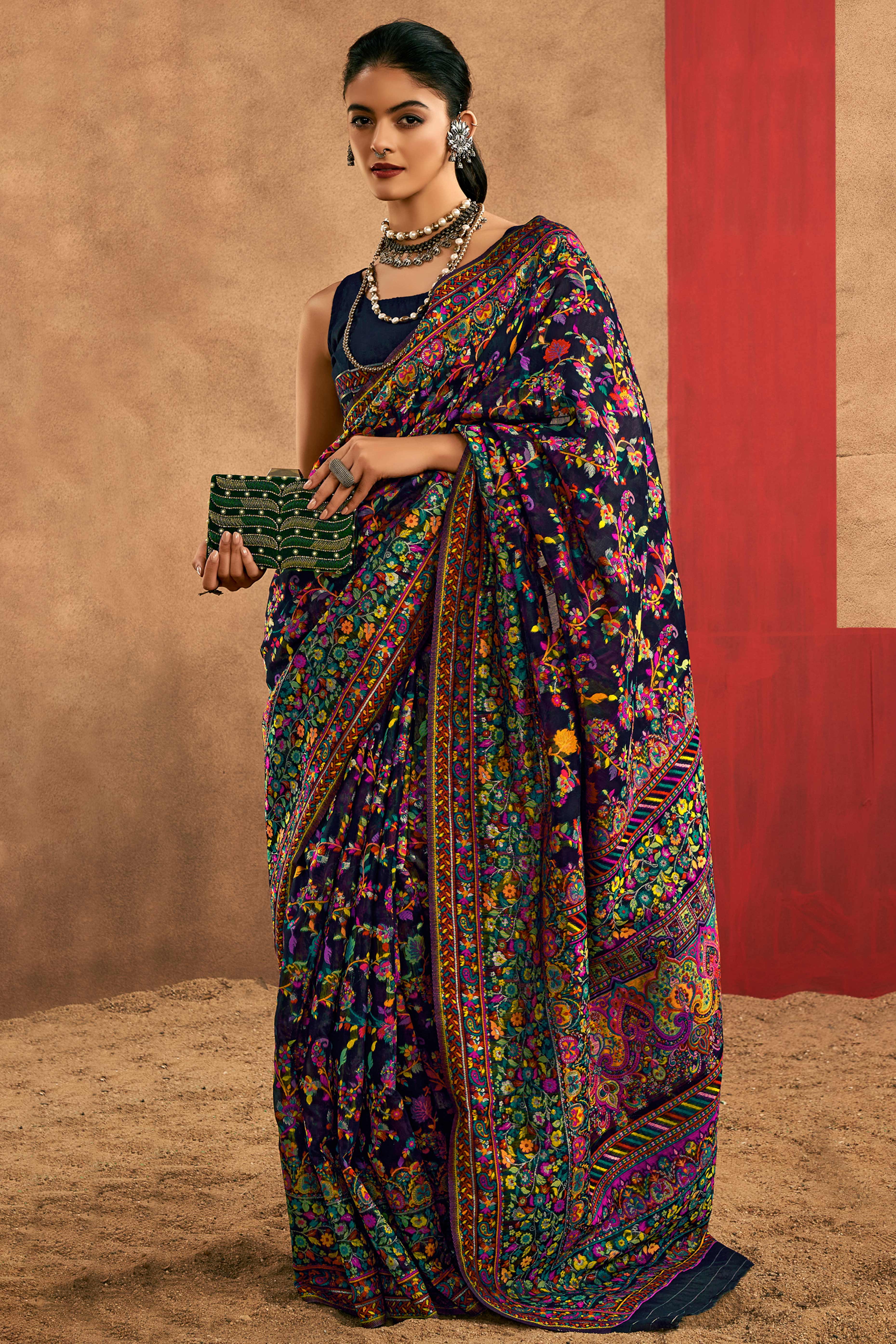 Graceful Navy Blue Floral Weaving Pashmina Modal Cotton Blend Saree With Timeless Appeal