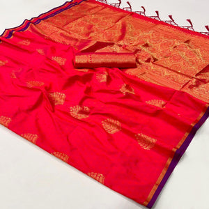 Rani Pink Zari Work Woven Mulberry Silk Saree