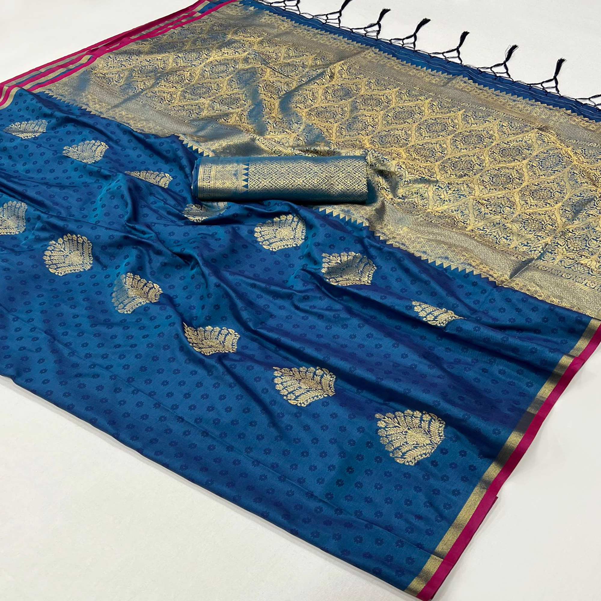 Blue Zari Work Woven Mulberry Silk Saree