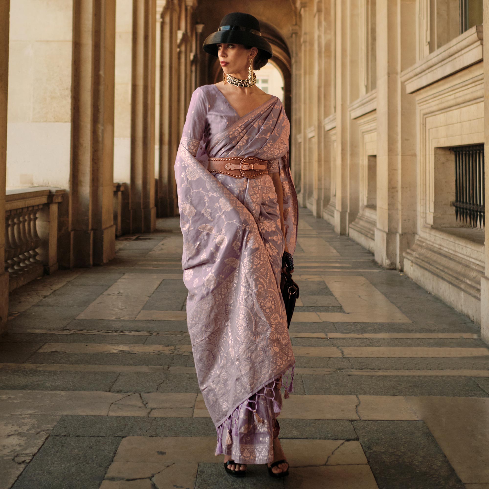 Purple Floral Woven Art Silk Saree With Tassels