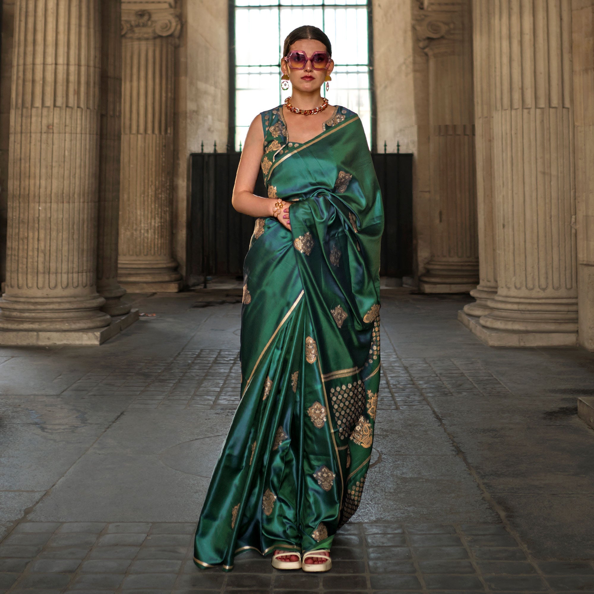 Green Floral Woven Satin Saree With Tassels