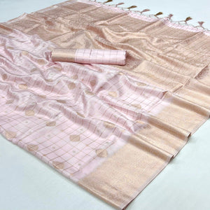 Baby Pink Woven Art Silk Saree With Tassels
