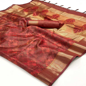 Rust Zari Woven Organza Saree Tassels