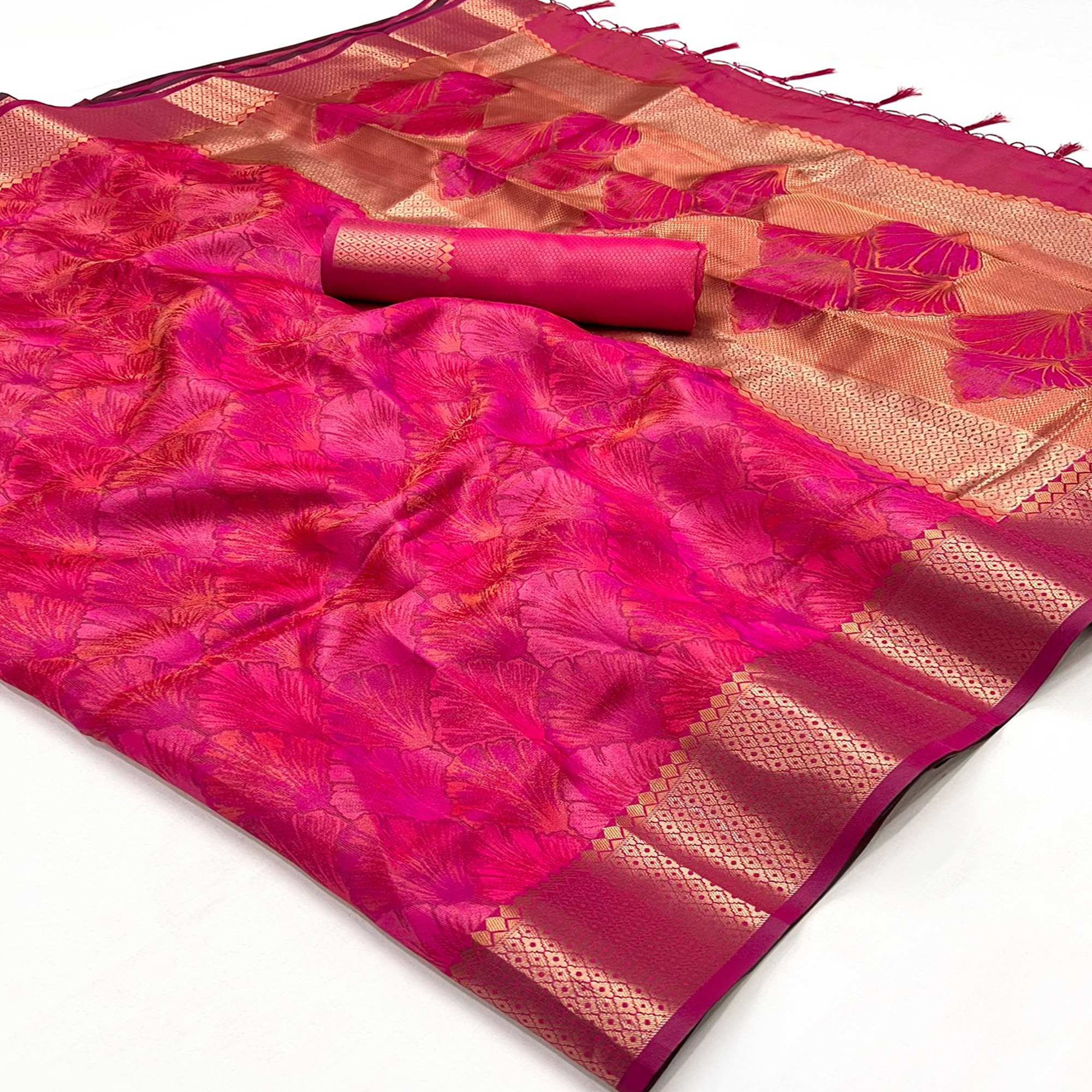Pink Zari Woven Organza Saree Tassels