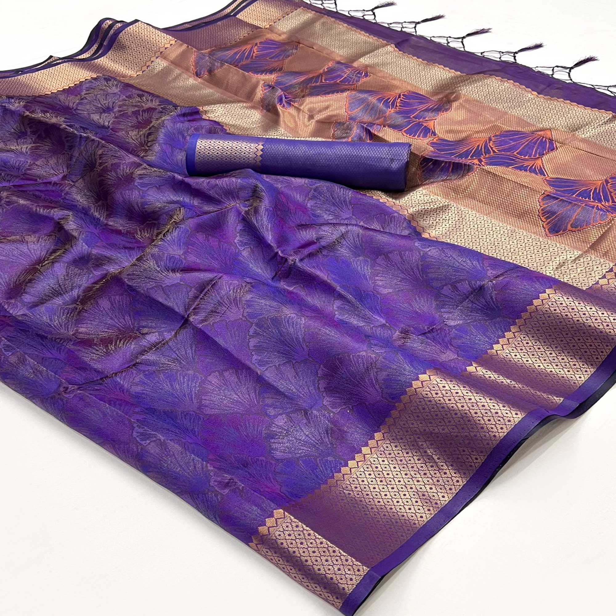 Purple Zari Woven Organza Saree Tassels
