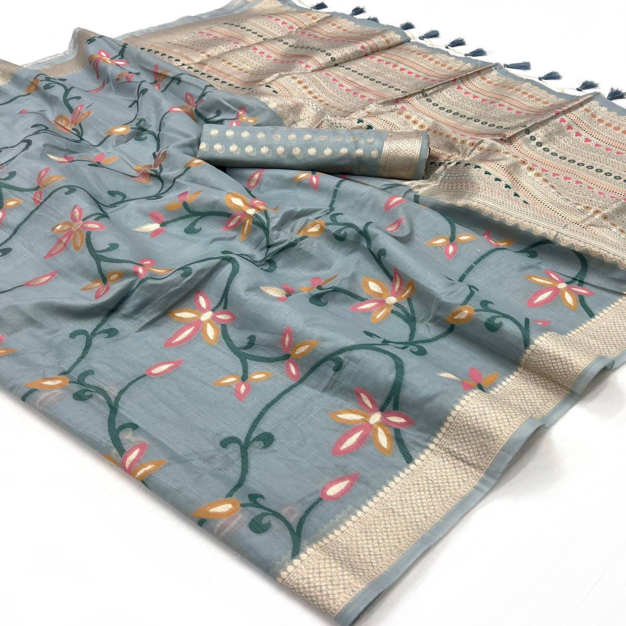 Grey Floral Woven Cotton Silk Saree With Tassels