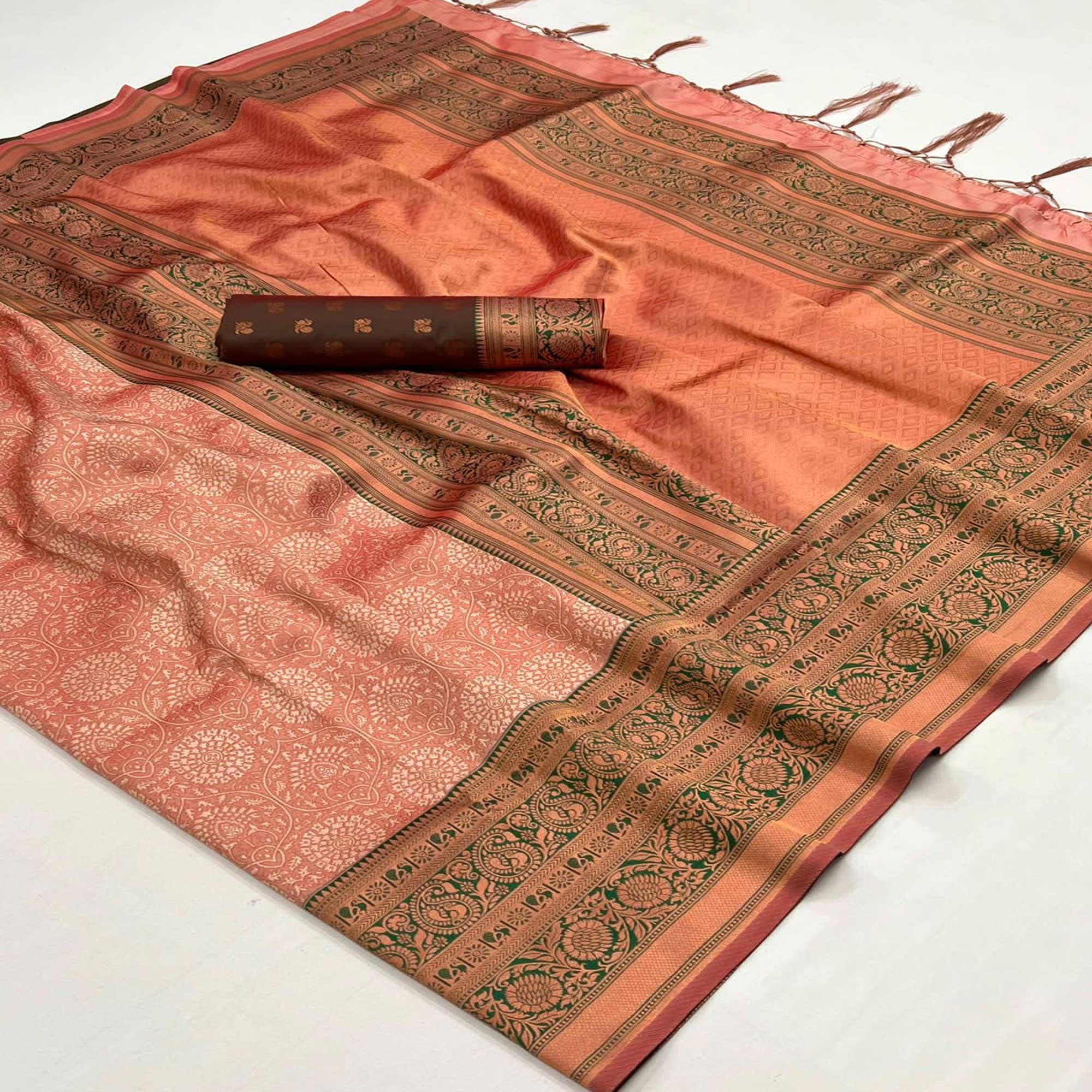 Peach Floral Woven Art Silk Saree With Tassels