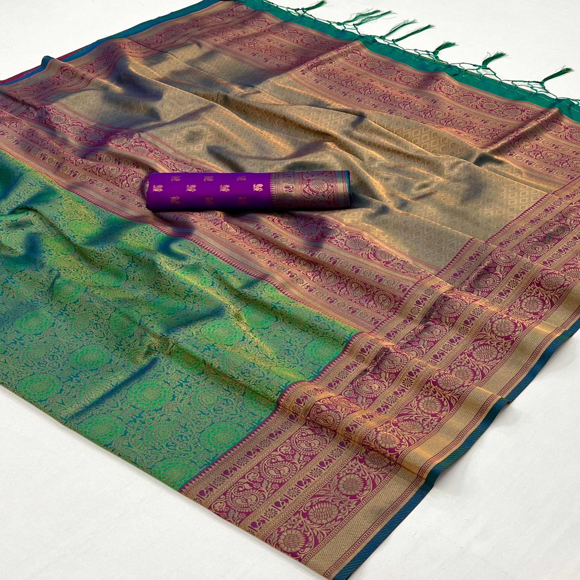 Green Floral Woven Art Silk Saree With Tassels