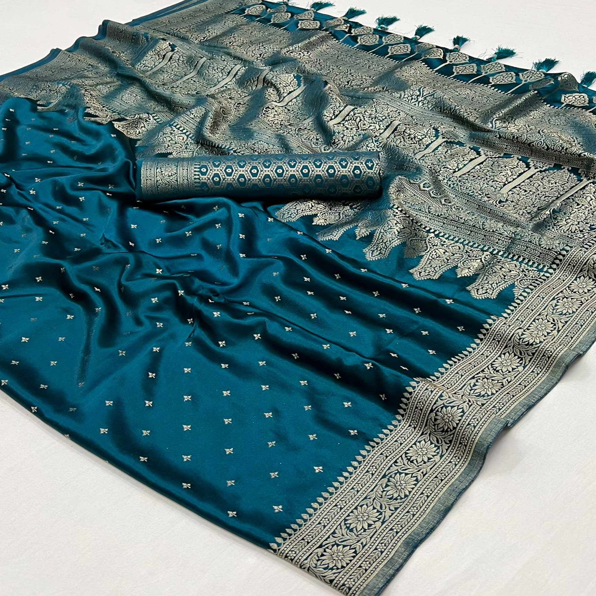 Teal Zari Woven Satin Saree With Tassels