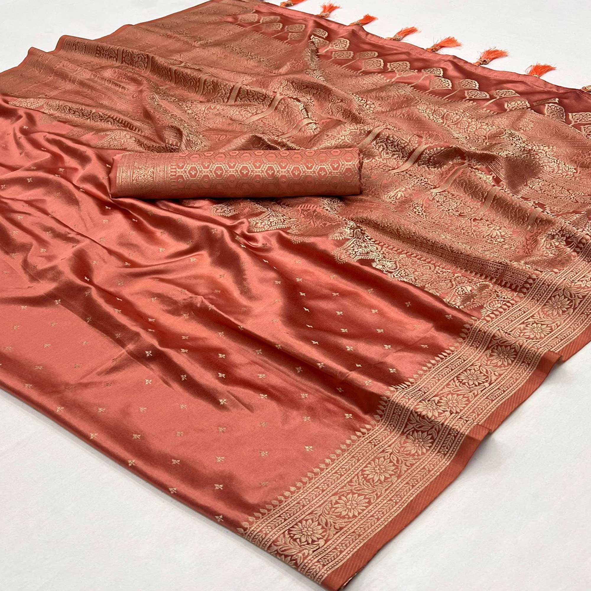 Peach Zari Woven Satin Saree With Tassels