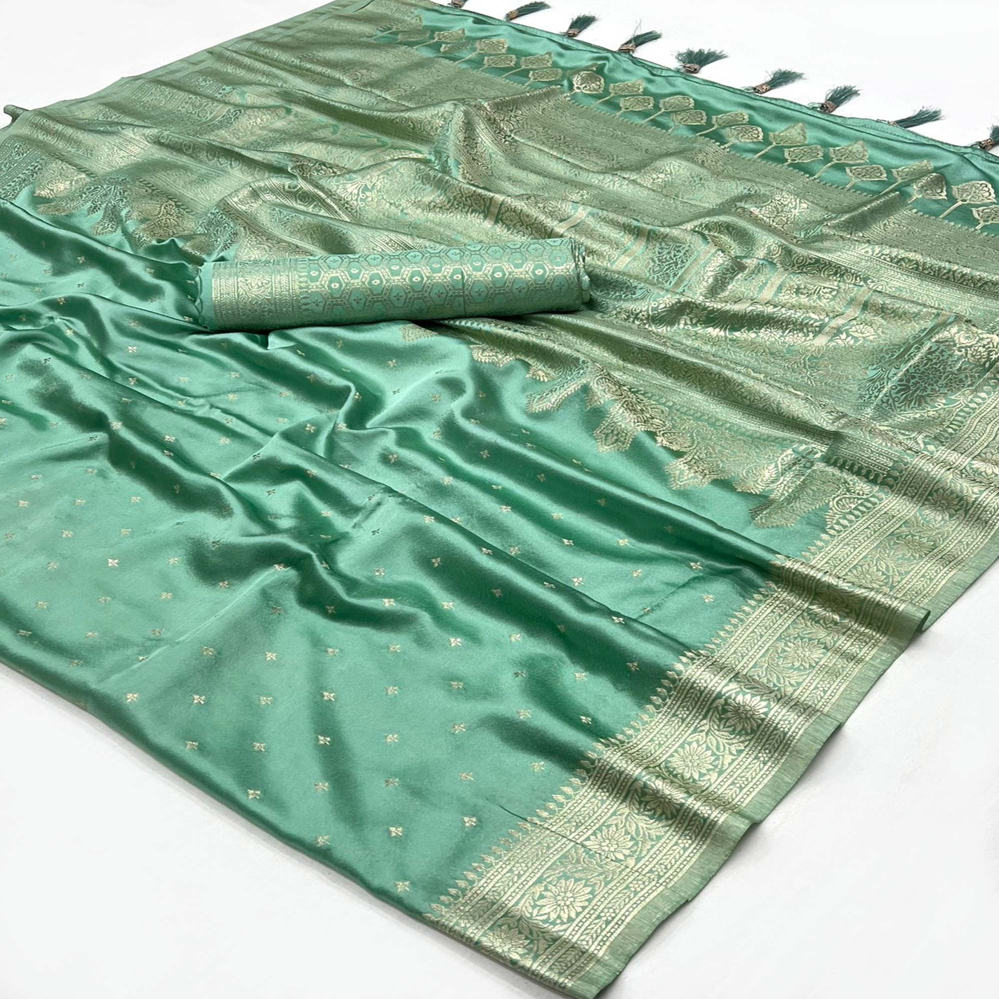 Sea Green Zari Woven Satin Saree With Tassels