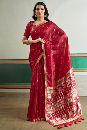 Classic Maroon Tussar Silk Saree Showcasing Rich Geometric Weaving & Trendy Tassel Pallu