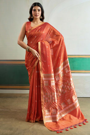 Classic Burnt Orange Tussar Silk Saree Showcasing Rich Geometric Weaving & Trendy Tassel Pallu