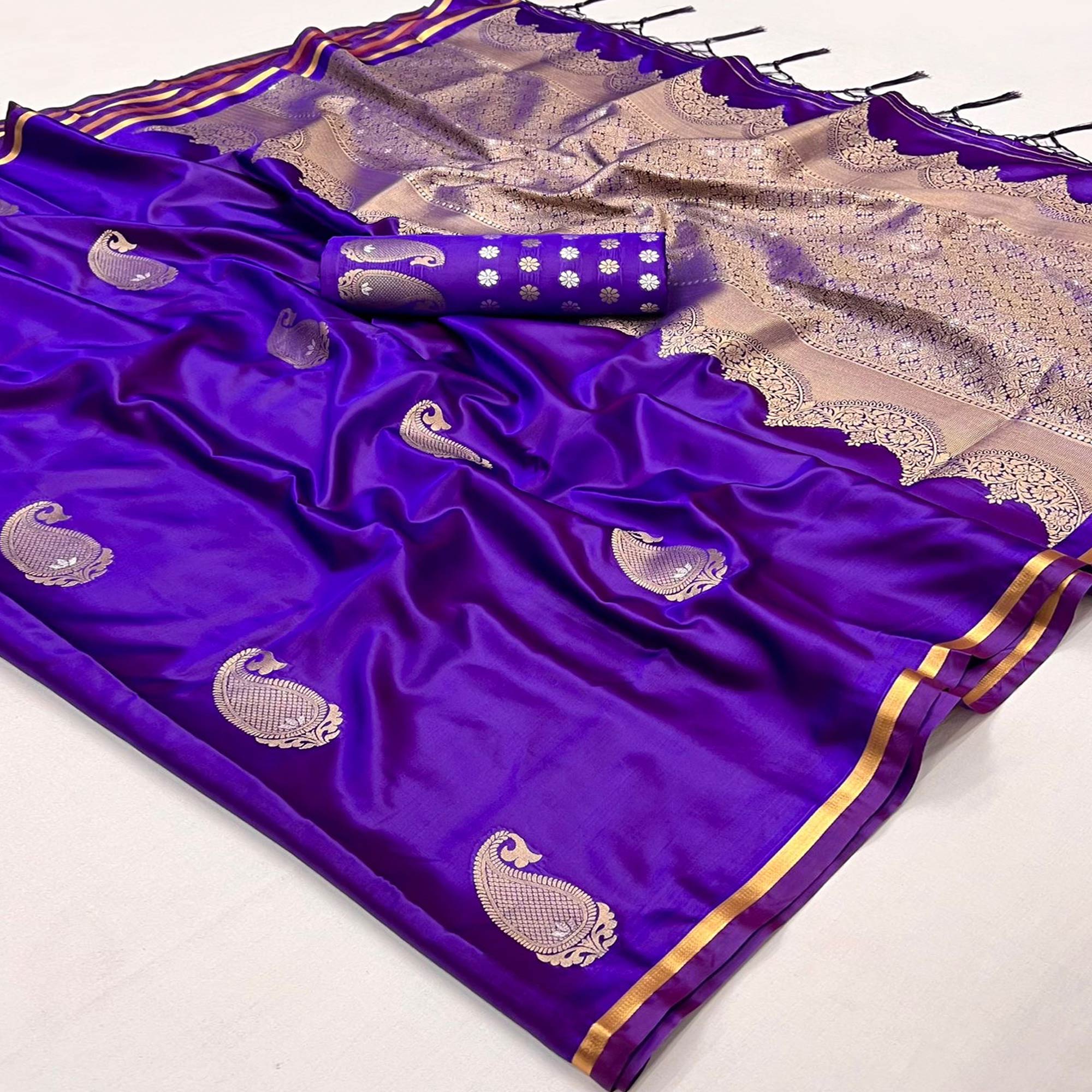 Purple Zari Work Woven Satin Saree With Tassels