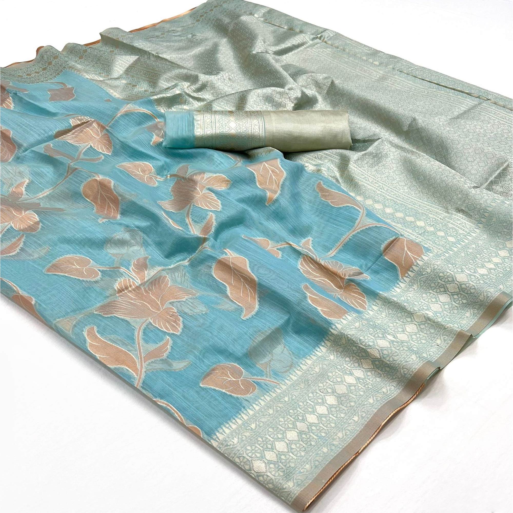 Blue Floral Woven Linen Saree With Zari Work