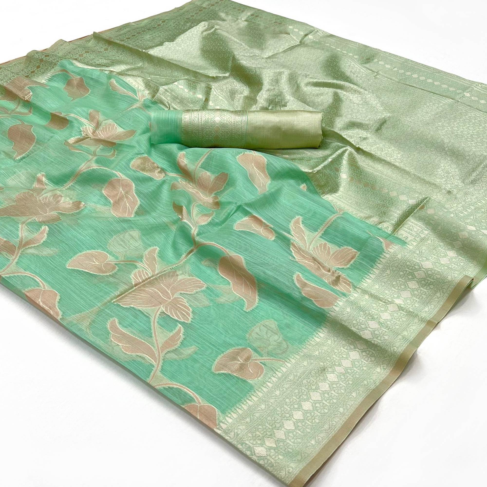 Sea Green Floral Woven Linen Saree With Zari Work