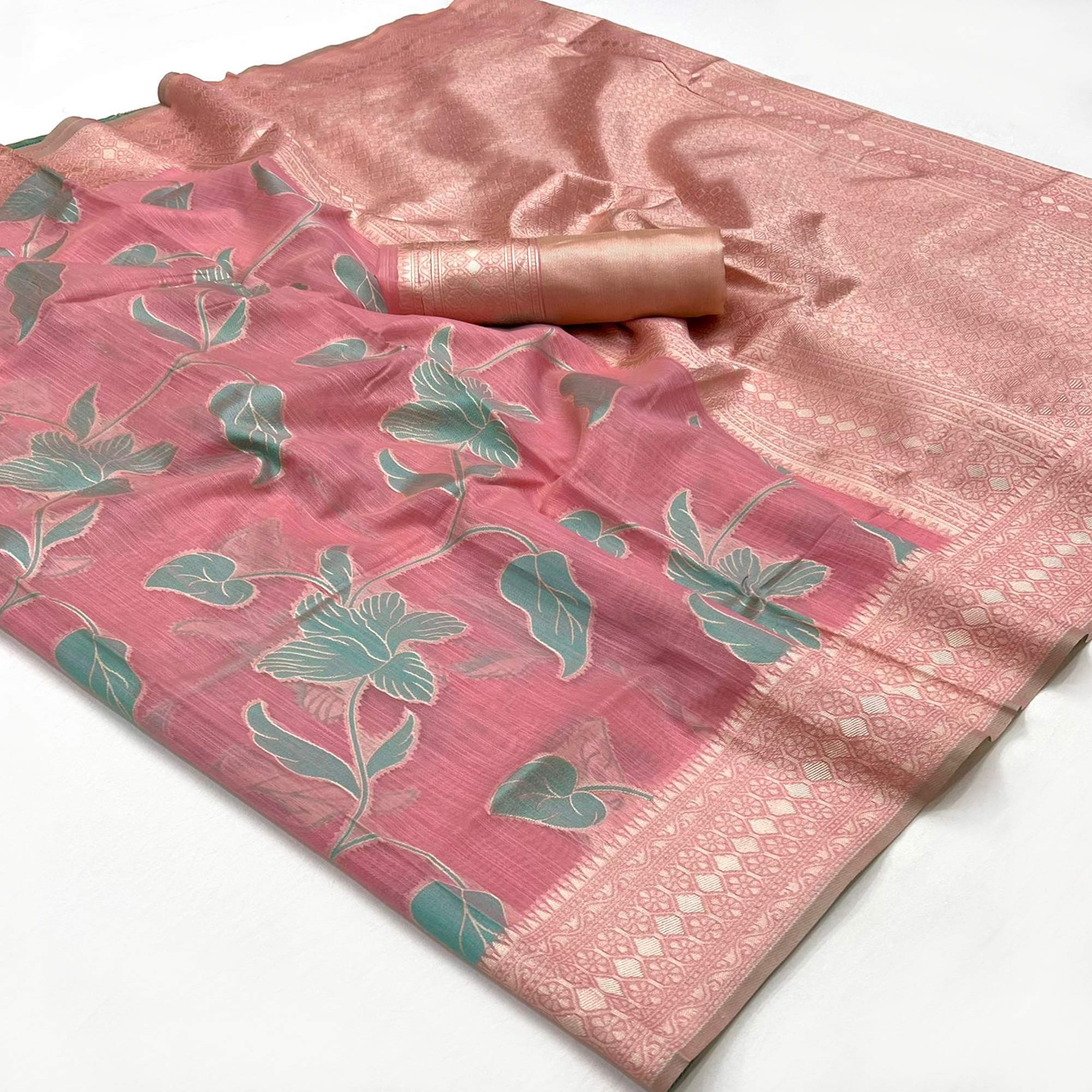 Pink Floral Woven Linen Saree With Zari Work