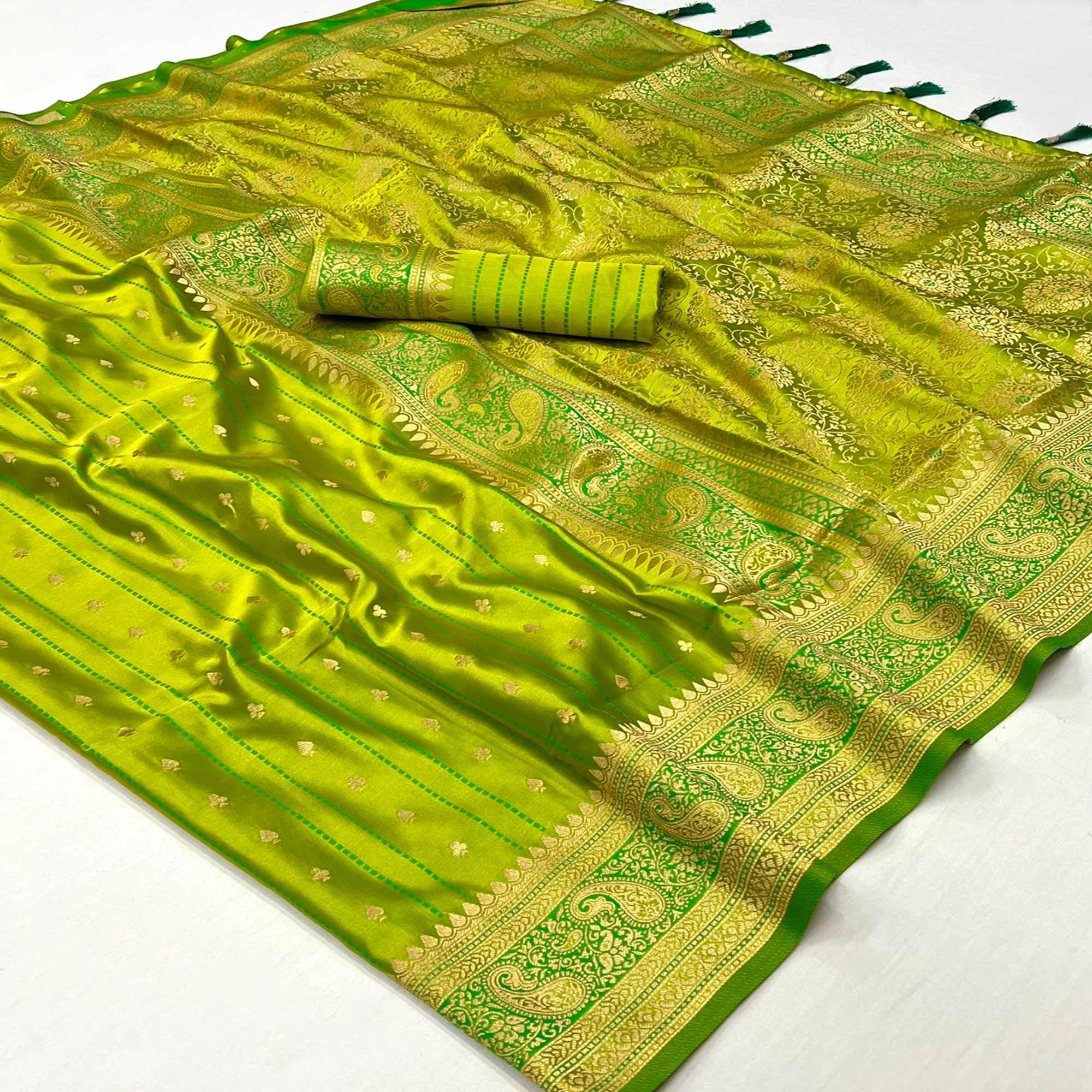 Green Woven Zari Border Satin Saree With Tassels