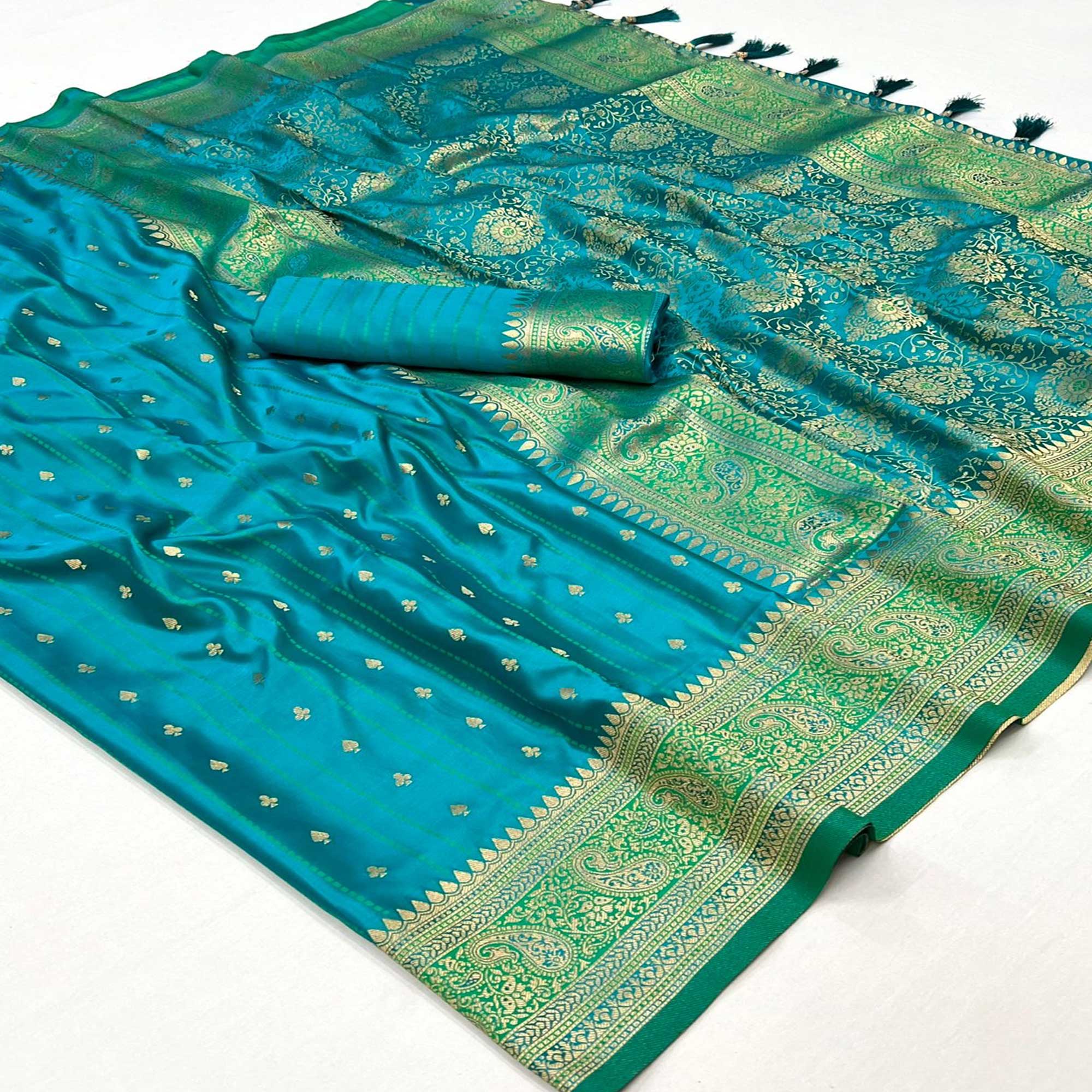 Rama Blue Woven Zari Border Satin Saree With Tassels