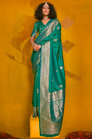Rama Green Floral Zari Weaving Banarasi Silk Saree