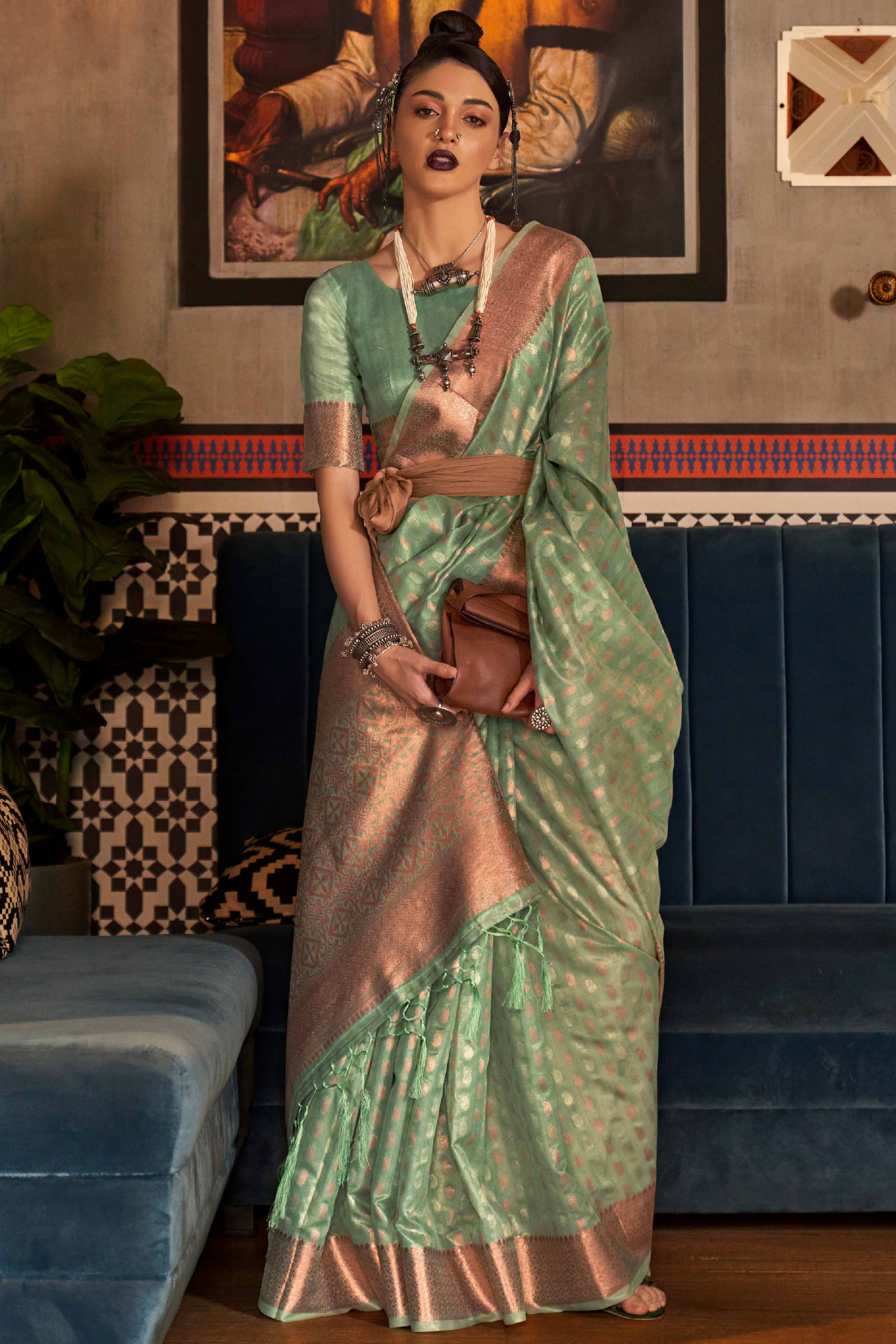 Sea Green Handloom Zari Woven Tissue Saree