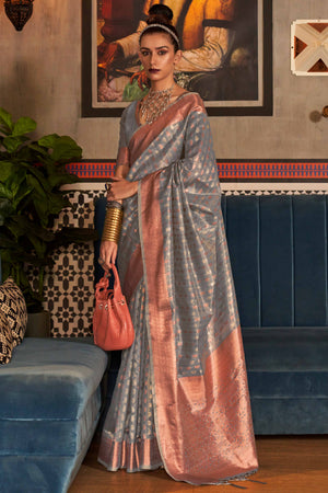 Grey Handloom Zari Woven Tissue Saree