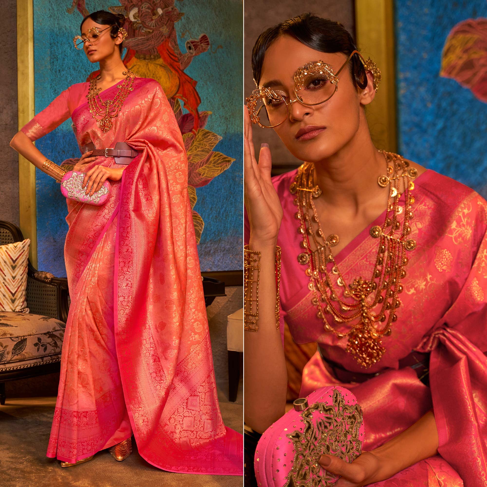 Orange & Pink Floral Woven Art Silk Saree