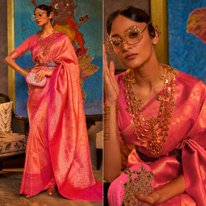 Orange & Pink Floral Woven Art Silk Saree