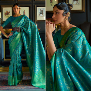 Rama Blue & Green Floral Woven Art Silk Saree