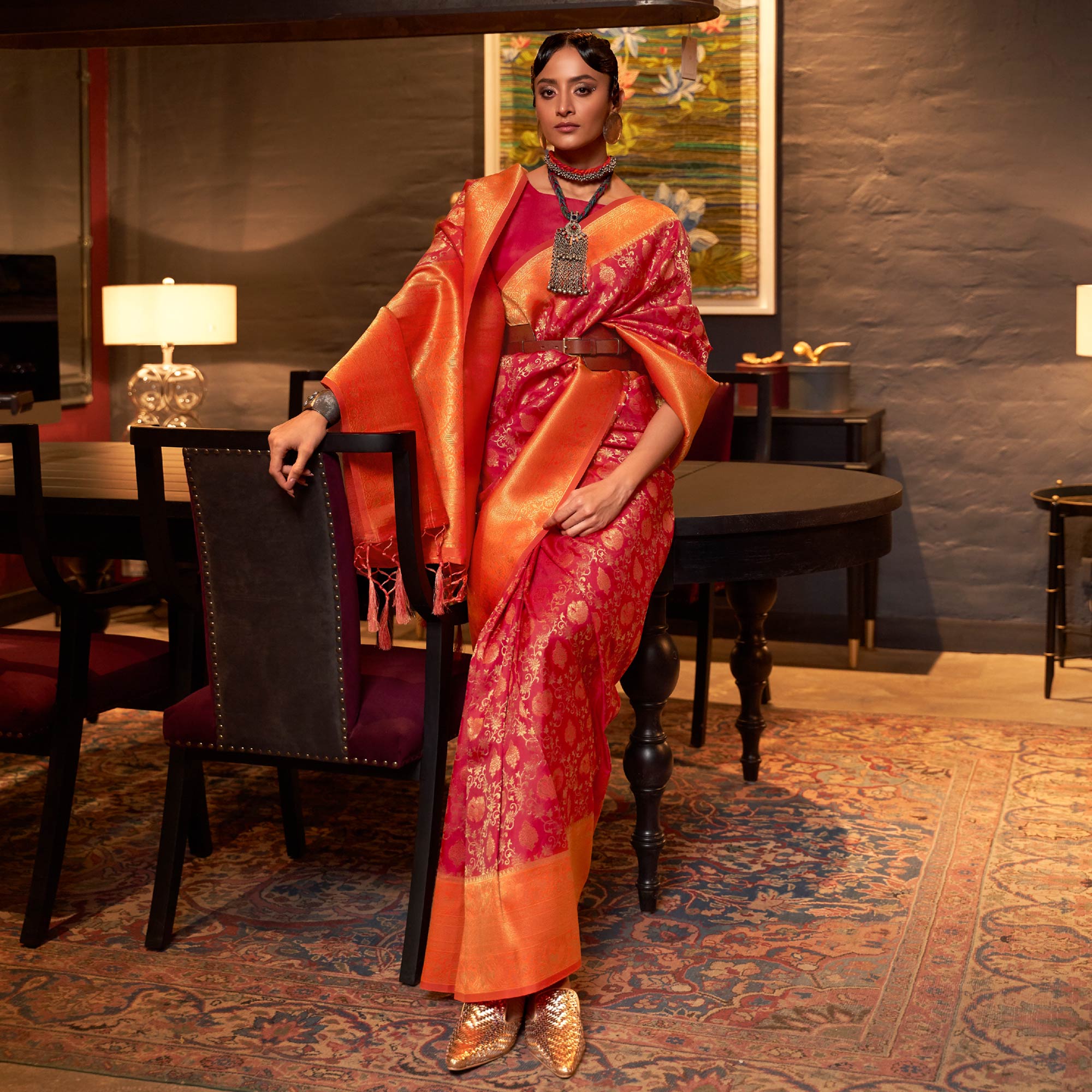 Red & Orange Floral Woven Art Silk Saree