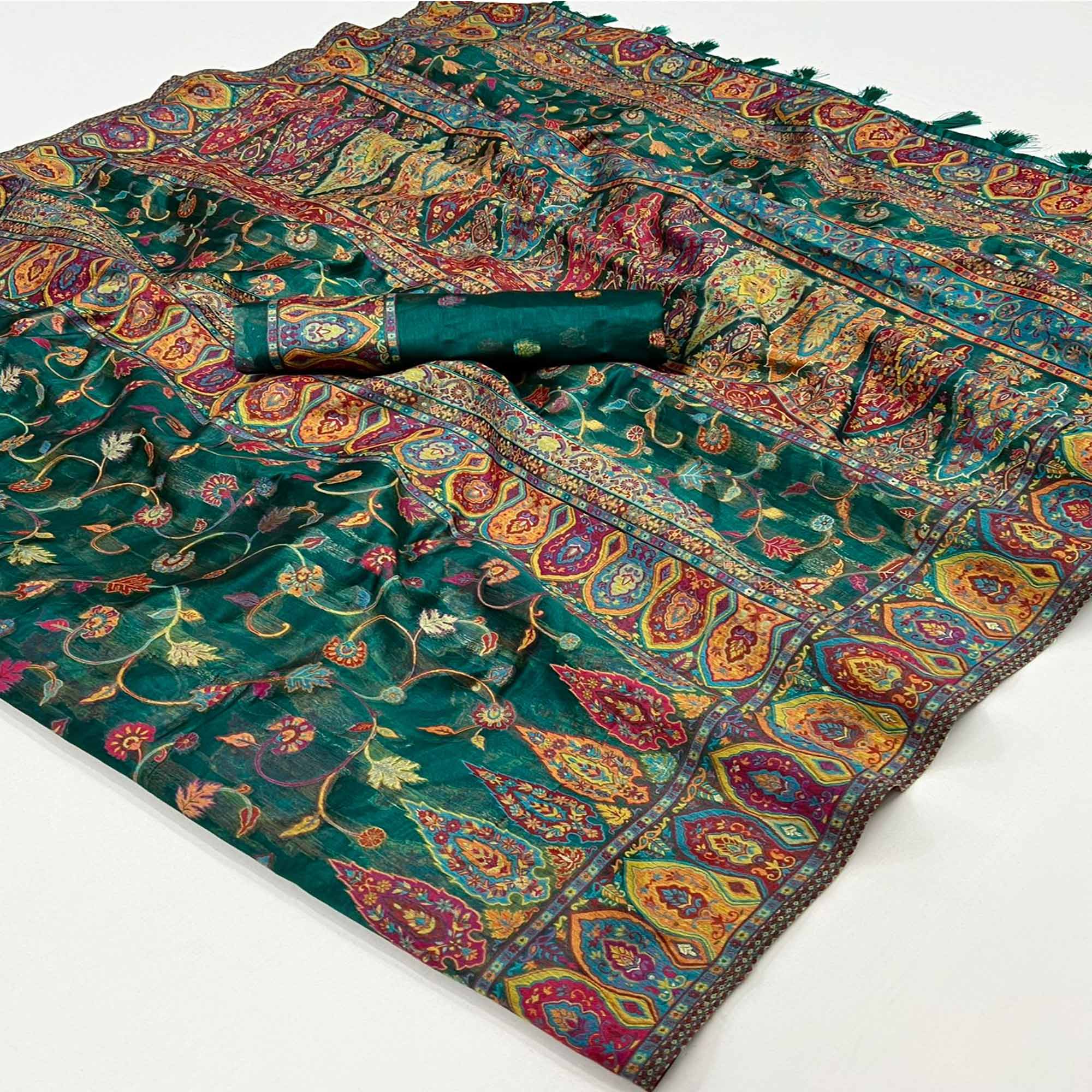 Green Woven Kashmiri Organza Saree With Tassels