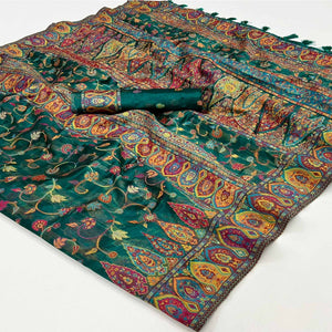 Green Woven Kashmiri Organza Saree With Tassels