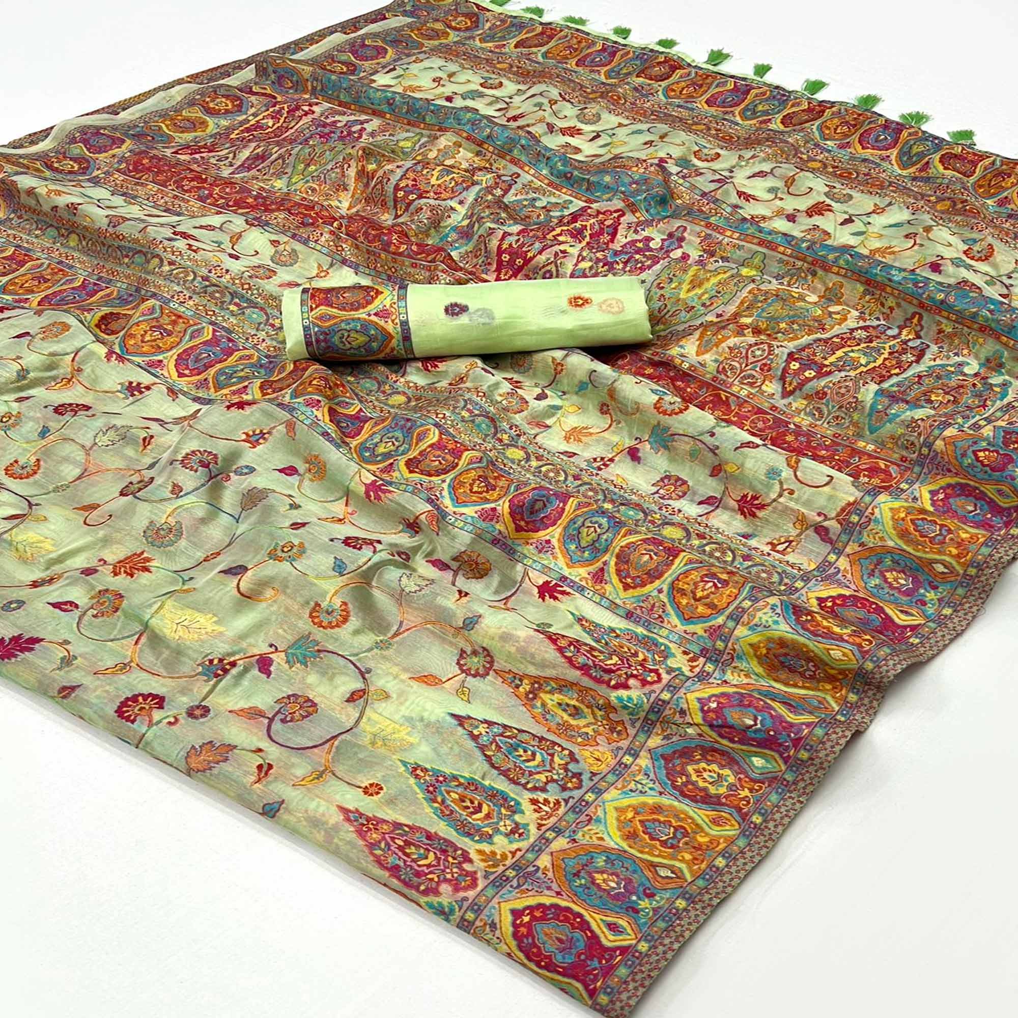 Pista Green Woven Kashmiri Organza Saree With Tassels