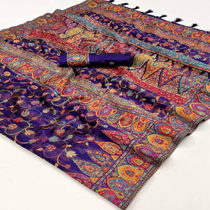 Purple Woven Kashmiri Organza Saree With Tassels