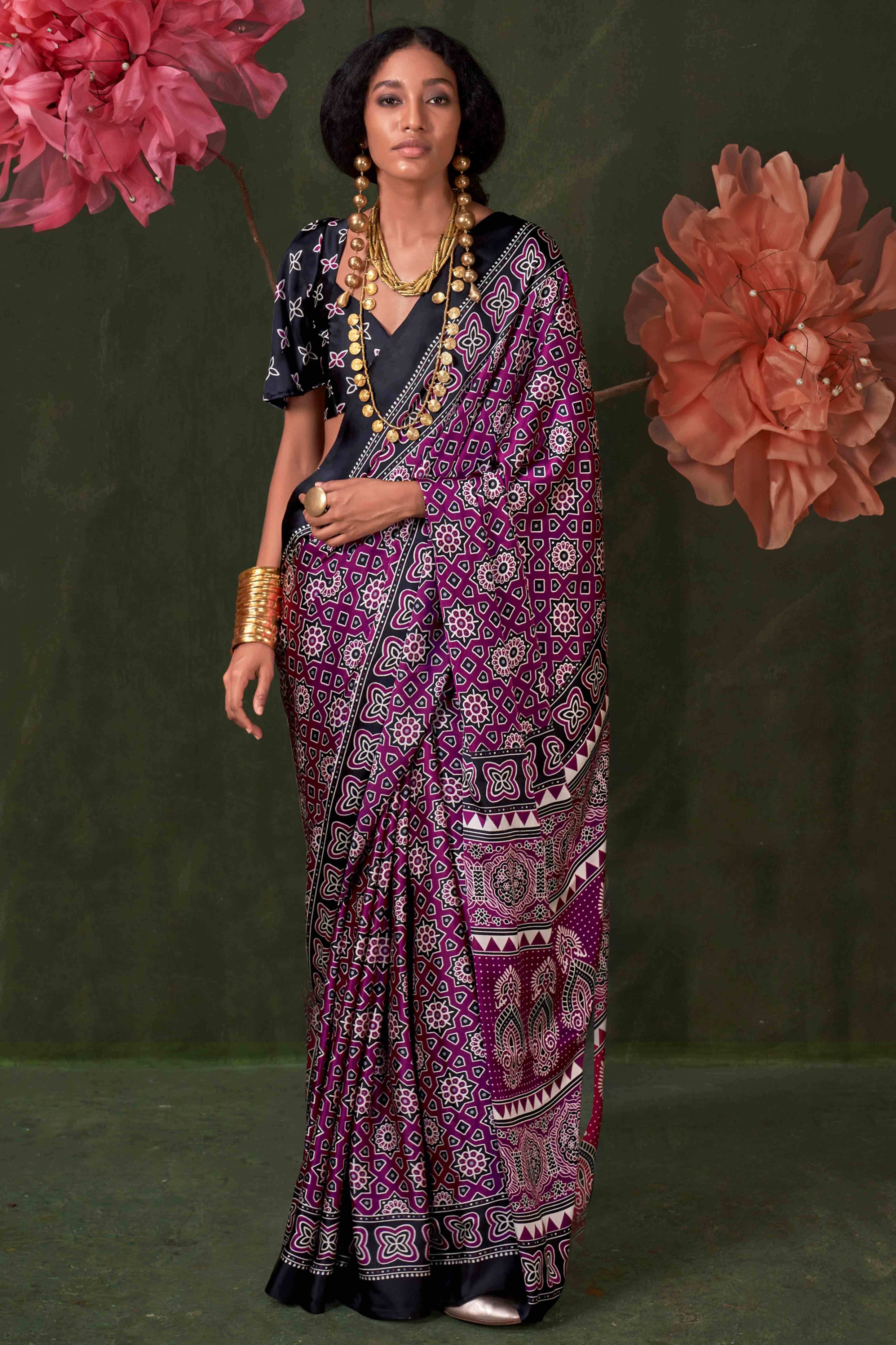 Classic Deep Purple Saree with Timeless Ajrakh Designs on Satin Crepe