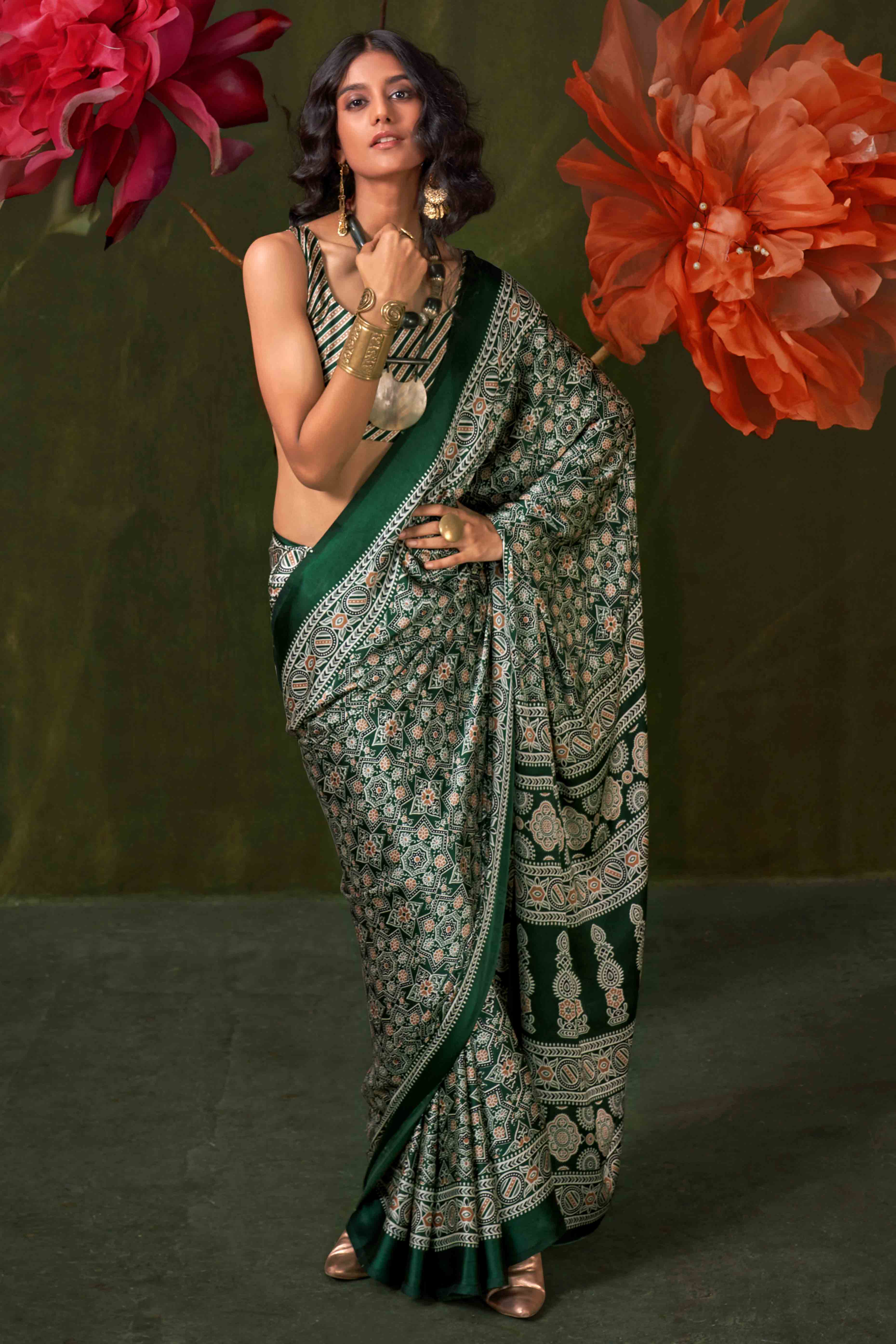 Classic Bottle Green Saree with Timeless Ajrakh Designs on Satin Crepe
