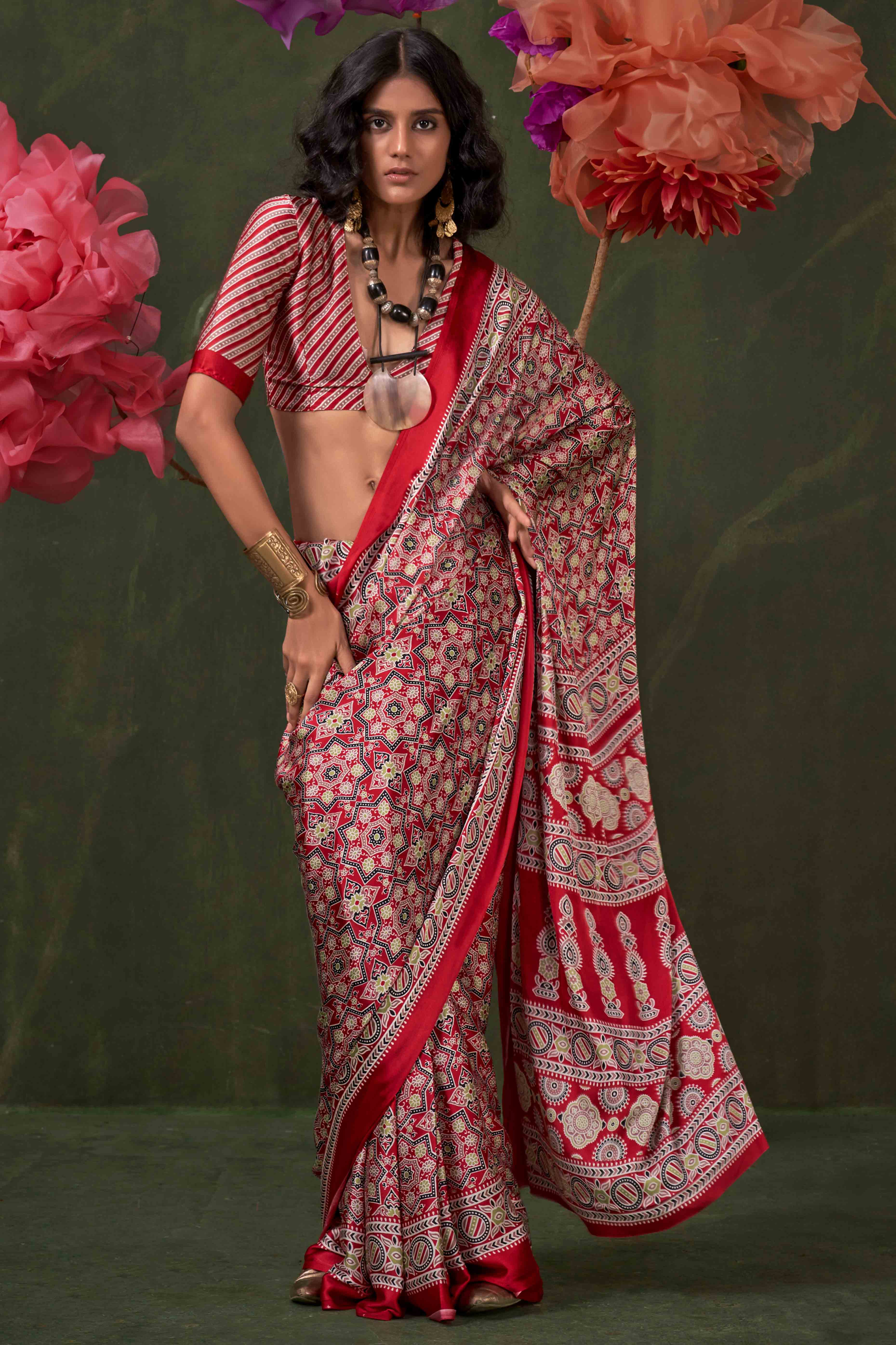 Classic Red Saree with Timeless Ajrakh Designs on Satin Crepe
