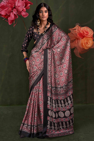 Classic Maroon & Black Saree with Timeless Ajrakh Designs on Satin Crepe