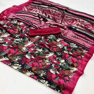 Black & Pink Contemporary Printed Satin Saree