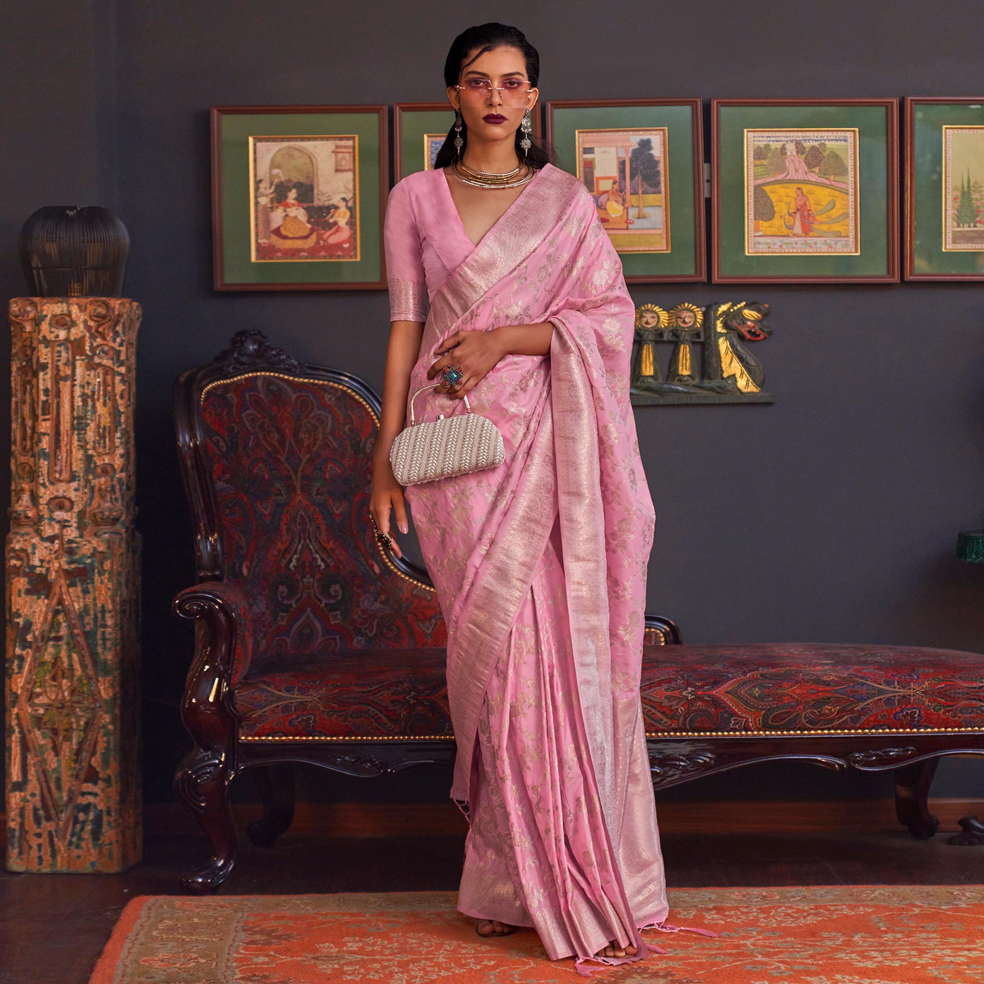 Pink Woven Art Silk Saree With Tassels