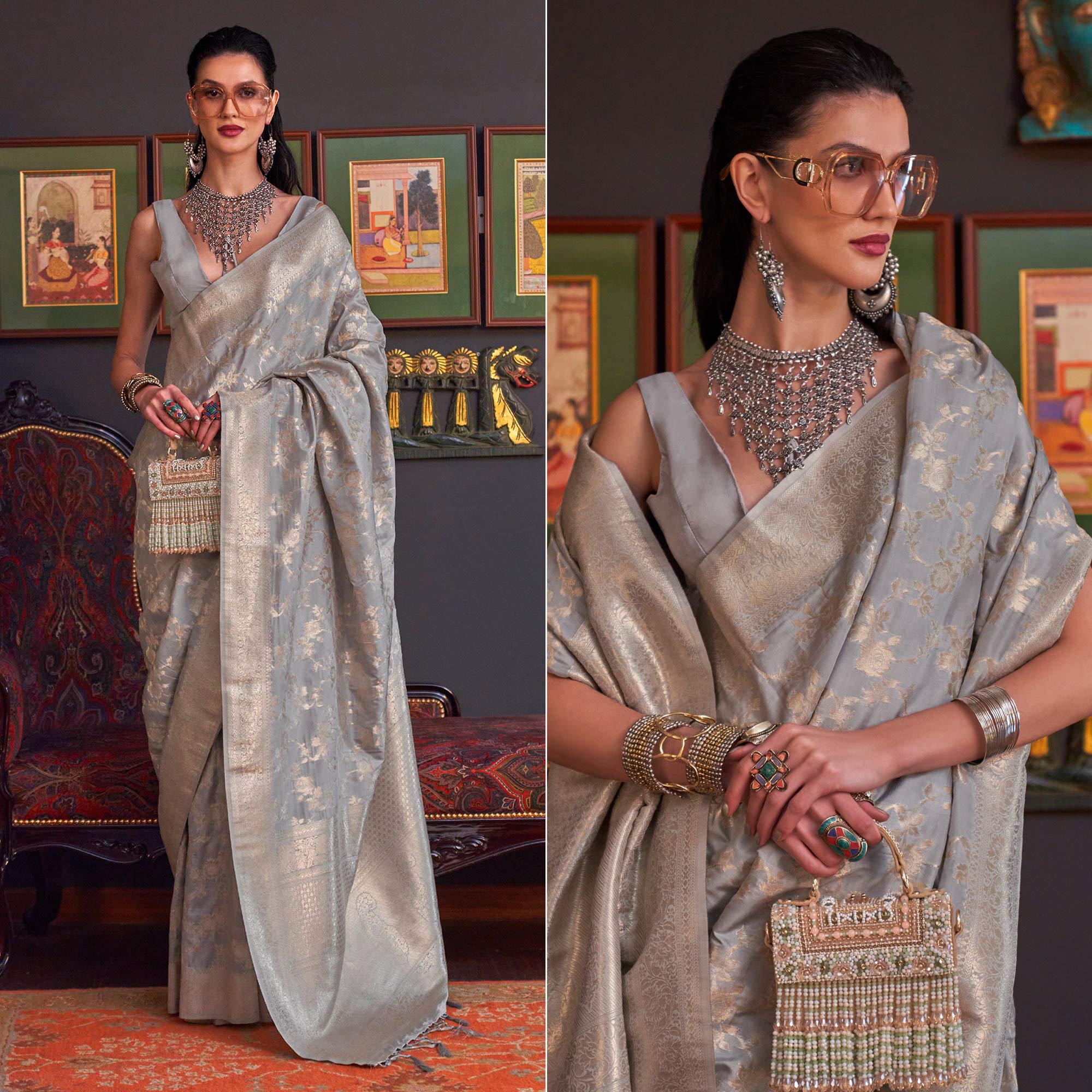 Grey Woven Art Silk Saree With Tassels