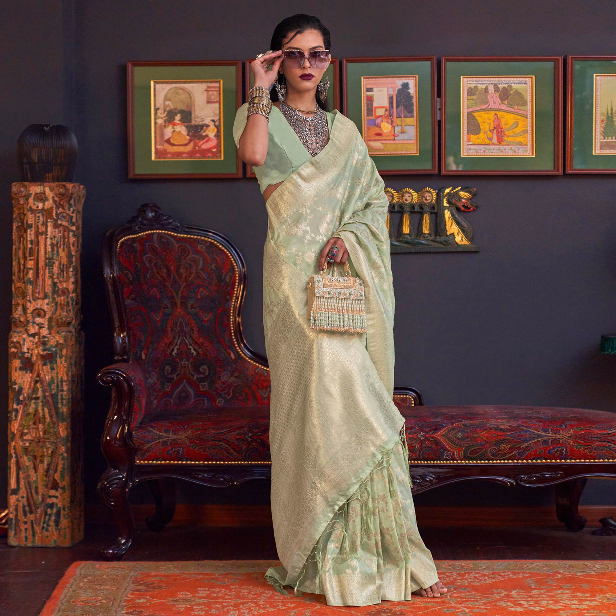 Green Woven Art Silk Saree With Tassels