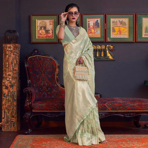 Green Woven Art Silk Saree With Tassels